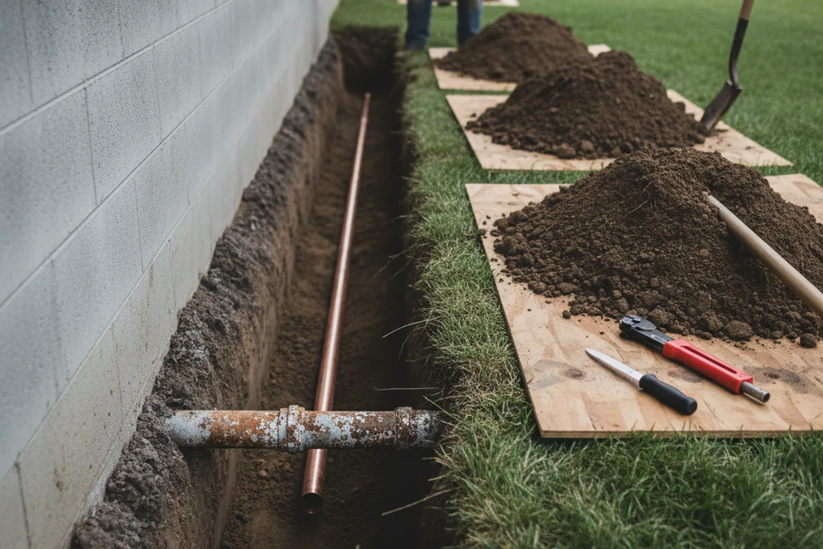 Excavated water line trench during Sewer Line Repair in Clarkston